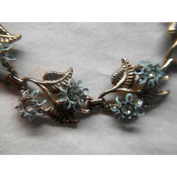 Vintage 1950’s Gold-tone Necklace Blue Enamel Flowers Rhinestone - Picture 3 of 4